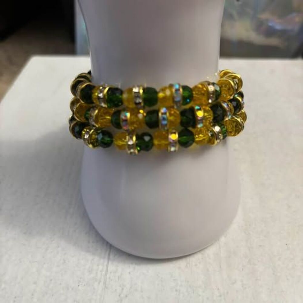 Handmade Beaded Stretch Bracelet Stack Green and Gold